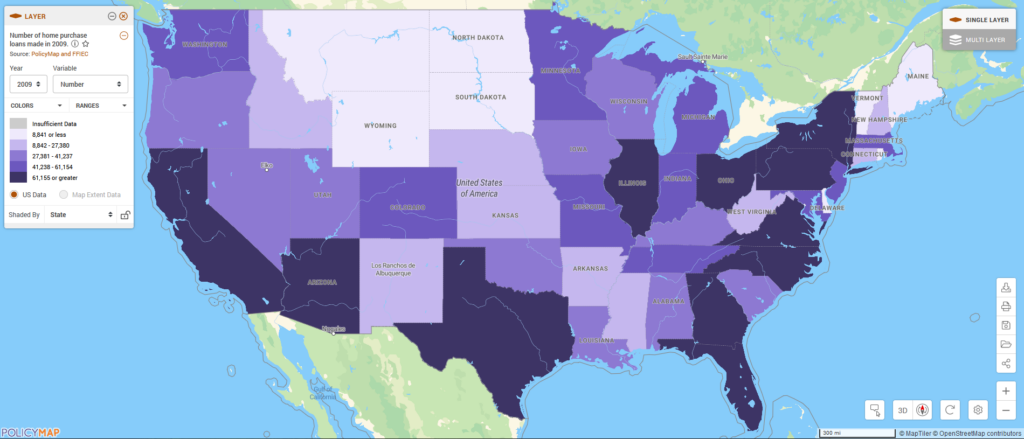 Map of the United States shows the number of home purchase loans made in 2009 shaded by state
