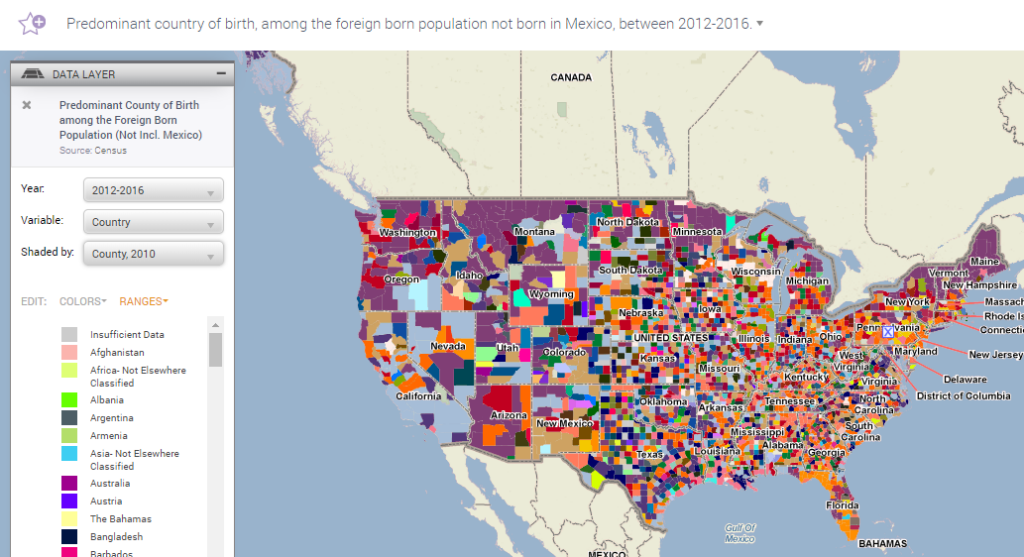 First try at the predominant foreign-born map, excluding Mexico
