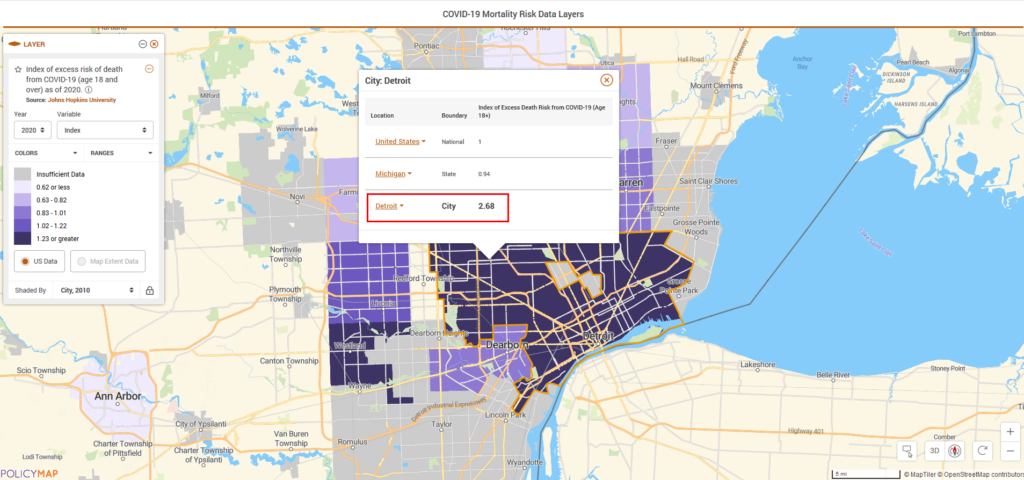 Map of Detroit and the surrounding area. A pop up box shows that the average adult in Detroit is 2.68 times as likely to die of COVID-19 as the average resident of the U.S.
