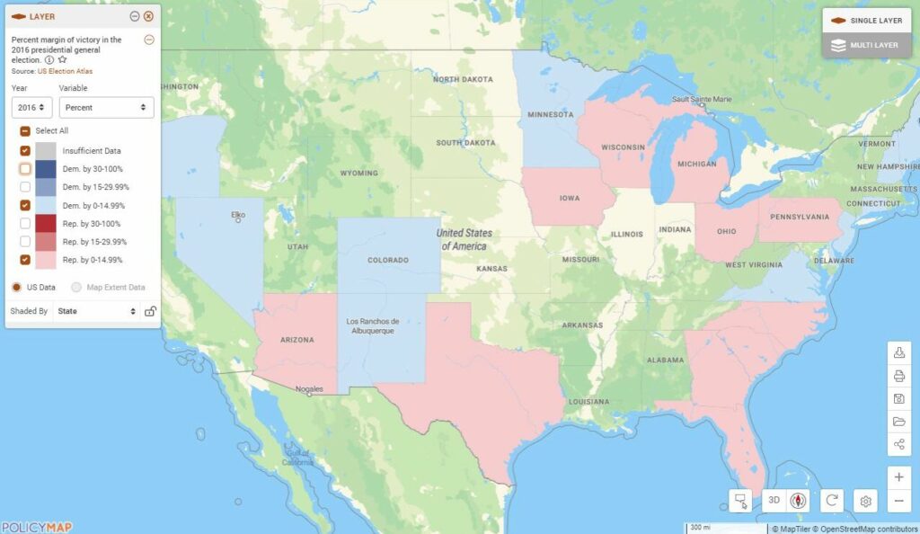 Map of the United States showing states with narrow margins of victory in the 2016 presidential election.