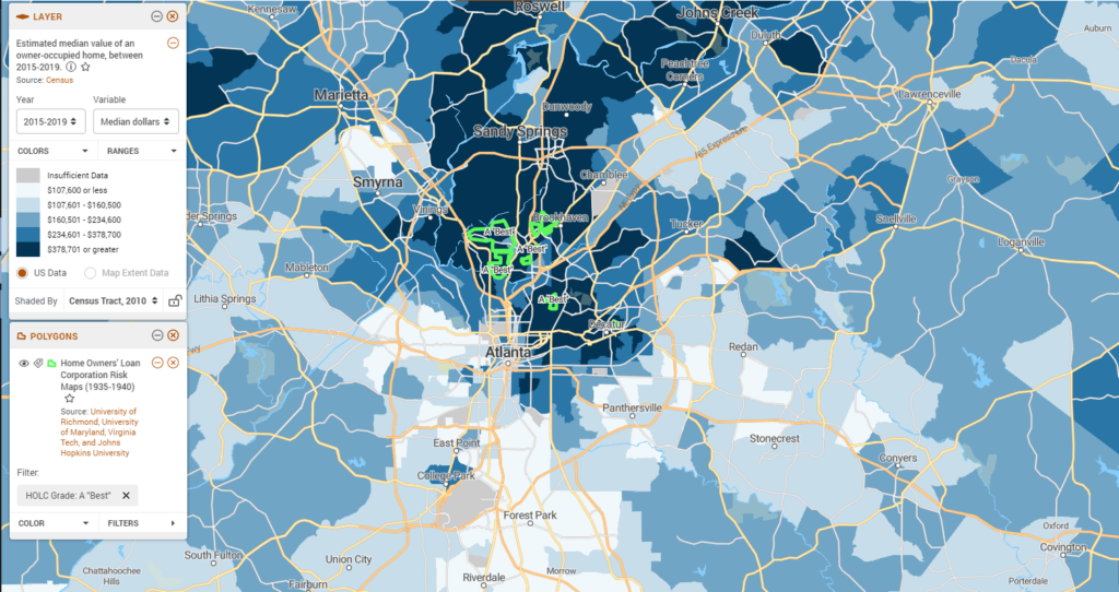 Map displays Atlanta, GA estimated median home values between 2015-2019 and the areas graded 'A'