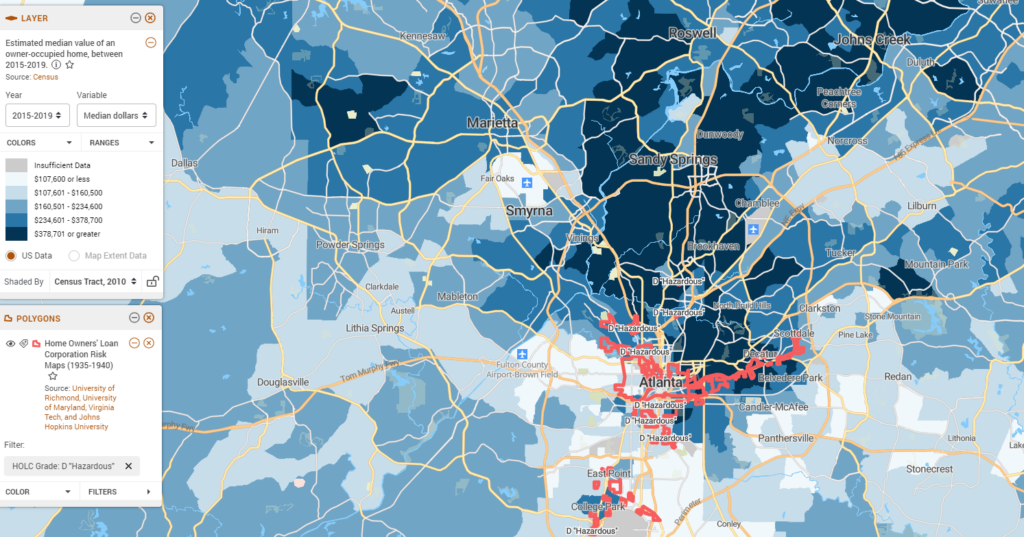 Map of Atlanta, GA displays median home value overlayed with historically redlined areas.